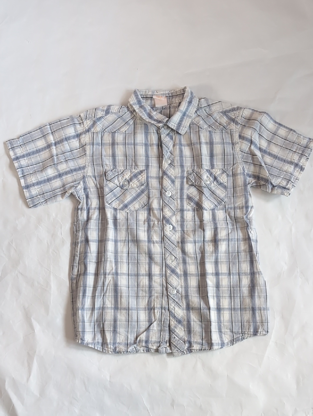 Boys Light Blue & White Plaid Short-Sleeve Cotton Button-Down Shirt